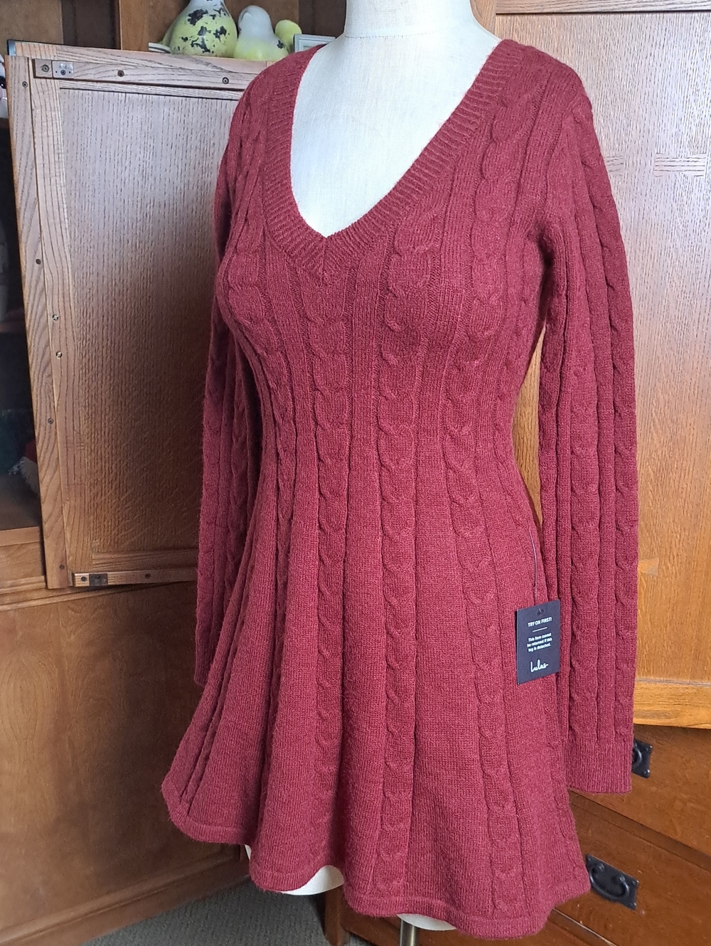NWT Lulus Sweetly Seasonal Burgundy Cable Knit Sweater Mini Dress XS - Picture 3 of 9